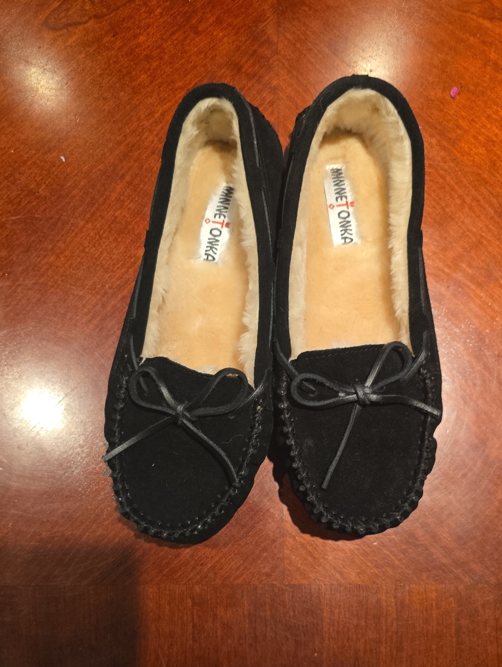 Minnetonka Black Suede Moccasins with Cream Faux-Fur Lining